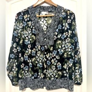 J. Jill Sheer Navy Floral Button Up Top / Blouse - Size Small Petite